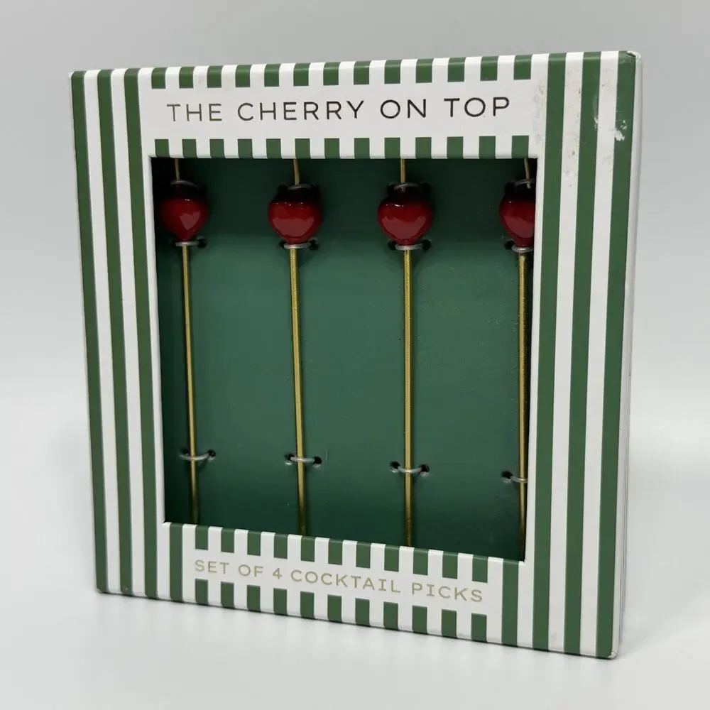 Set 4 Anthropologie Cherry On Top Cocktail Picks Swizzle Sticks Barware NEW